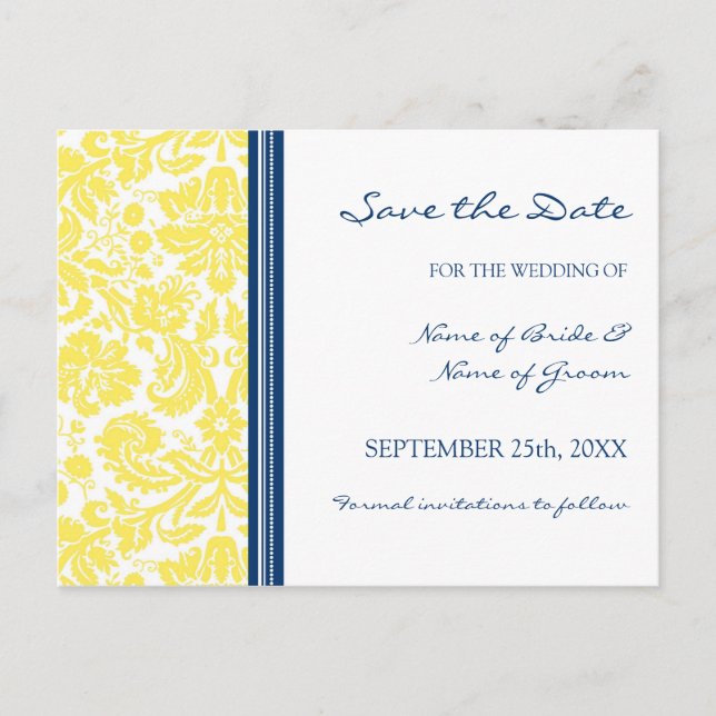 Yellow Blue Damask Save the Date Wedding Postcard (Front)