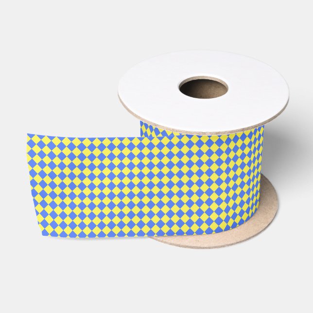 Yellow Blue Diamond Chequered Pattern Satin Ribbon (Spool)