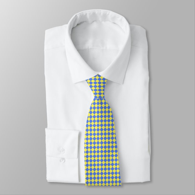 Yellow Blue Diamond Chequered Pattern Tie (Tied)