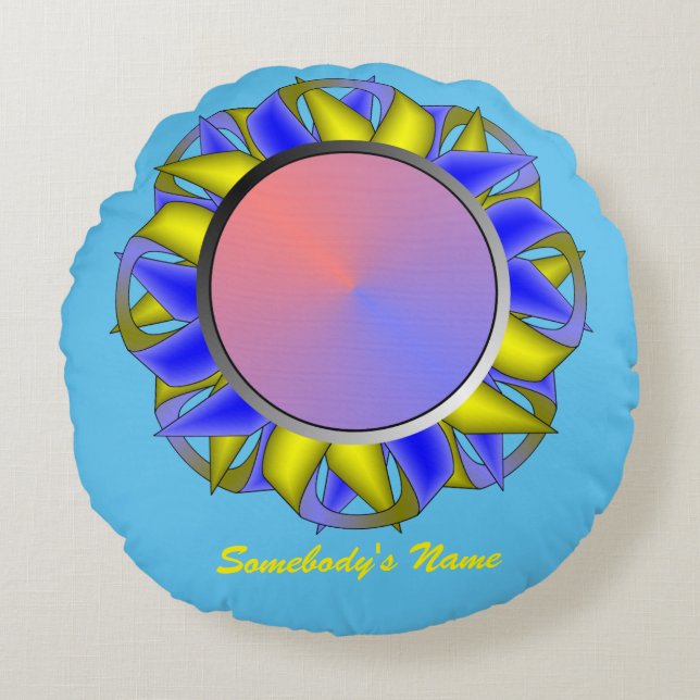 Yellow-Blue Disc Ribbon by Kenneth Yoncich Round Cushion (Front)