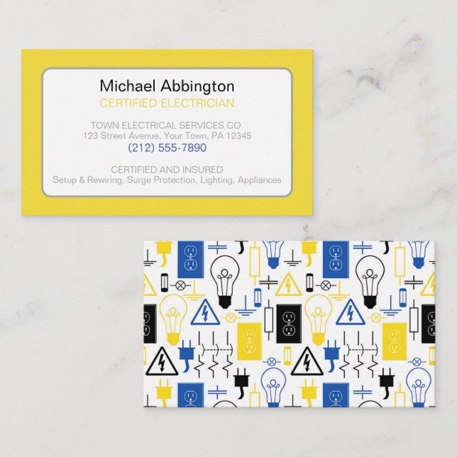 Yellow Blue Electrical Electrician Business Card (Front/Back)