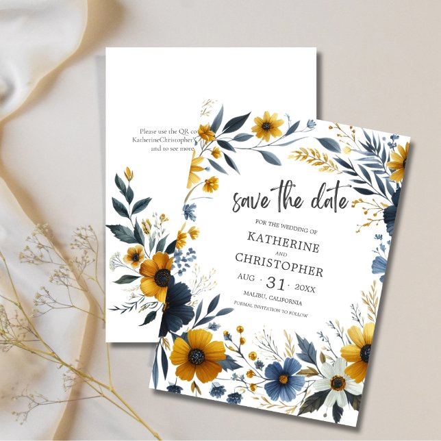 Yellow Blue Elegant Wildflower Wedding Save The Date (Blue Yellow Wildflowers Save the Date with QR Code for wedding website.)