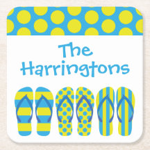 Yellow Blue Flip Flops Personalised Paper Coasters