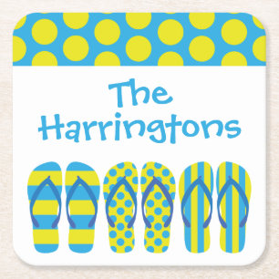 Yellow Blue Flip Flops Personalised Paper Coasters