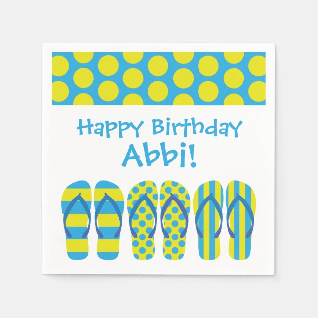 Yellow & Blue Flip Flops Personalised Party Napkin (Front)