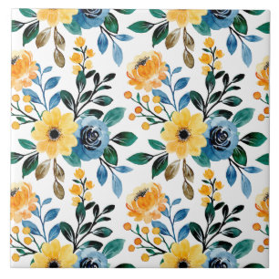 Yellow blue floral daisy pattern garden flowers  ceramic tile