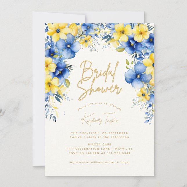 Yellow Blue Floral Flowers Bridal Shower Invitation (Front)