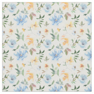Yellow Blue Floral Pattern Cotton  Fabric