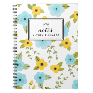 Yellow & Blue Floral Pattern Personalised Notebook