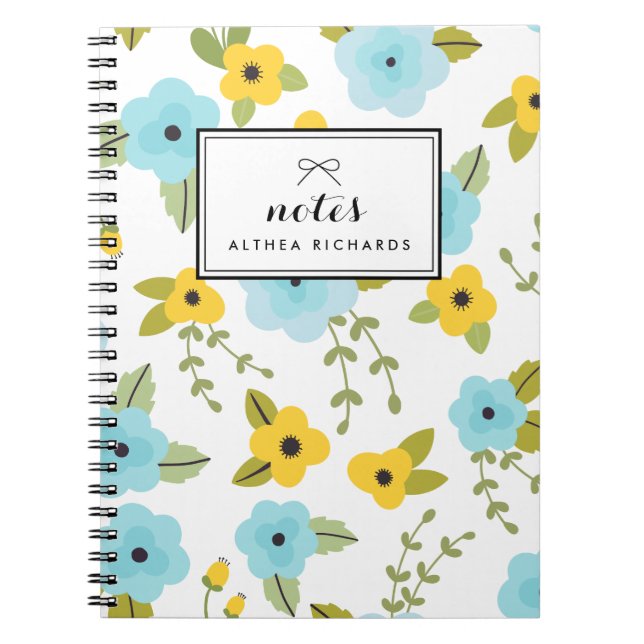 Yellow & Blue Floral Pattern Personalised Notebook (Front)