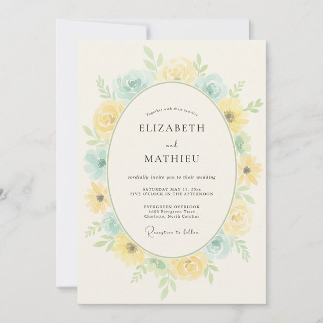 Yellow Blue Floral Romance Wedding Invitation (Front)