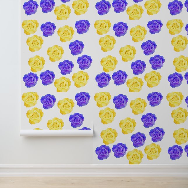 Yellow Blue Floral Rose Pattern Colourful Boho Chi Wallpaper (Application)