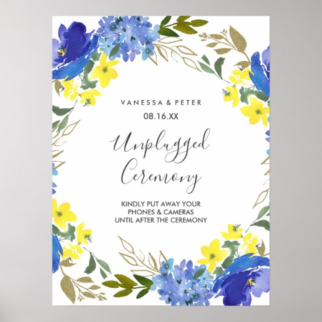 Yellow Blue Floral Unplugged Wedding Ceremony Sign (Front)