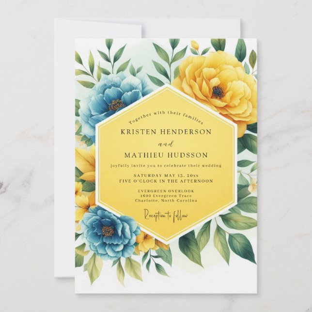 Yellow Blue Floral Whimsy Wedding Invitation (Front)