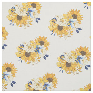 Yellow Blue Florals Sunflowers Leaves Pattern Fabric