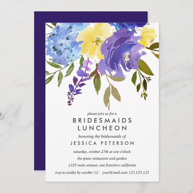 Yellow Blue Flowers Bridesmaids Luncheon Wedding Invitation (Front/Back)