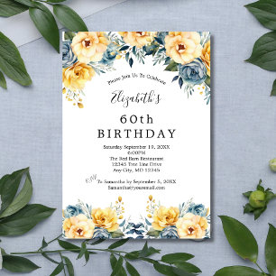 Yellow Blue Flowers Floral 60th 70th 80th Birthday Invitation