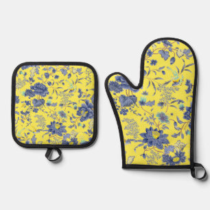 Yellow Blue Flowers Oven Mitt & Pot Holder Set