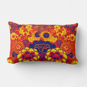 YELLOW BLUE FLOWERS Peony,Roses Japanese Floral Lumbar Cushion