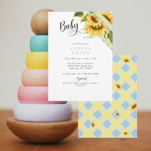 Yellow Blue Gingham Sunflower Boy Baby Shower Invitation