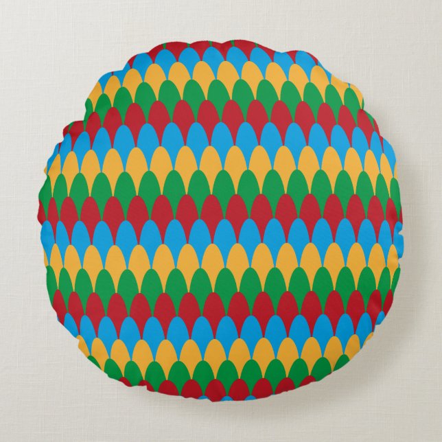 Yellow Blue Green & Red Geometric Scallops Round Cushion (Front)