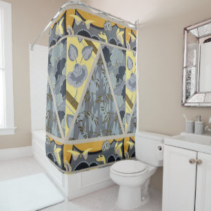 YELLOW BLUE GREY FLOWERS, BUTTERFLIES BOLD FLORAL SHOWER CURTAIN