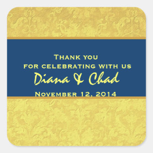 Yellow Blue Grunge Damask Thank You Wedding R312 Square Sticker
