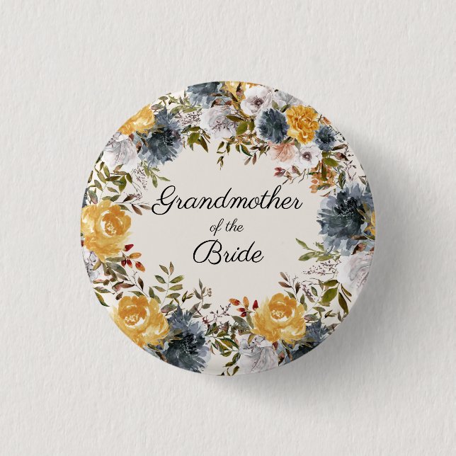  Yellow Blue Handpainted Floral Grandmother Bride 3 Cm Round Badge (Front)