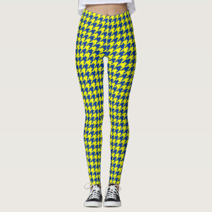 Yellow Blue Houndstooth Plaid Check Leggings