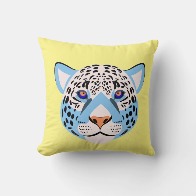 Yellow & Blue Leopard Head Throw Pillow (Front)