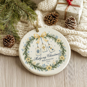 Yellow & Blue Mahjong Tile Wreath Christmas  Ceramic Ornament