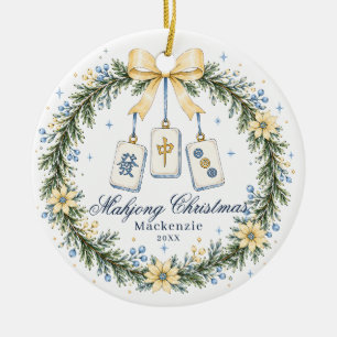 Yellow & Blue Mahjong Tile Wreath Christmas Ceramic Ornament