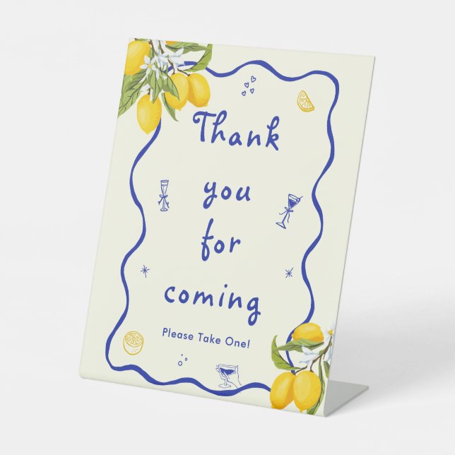 Yellow Blue Main Squeeze Bridal Shower Favour Pedestal Sign (Front)