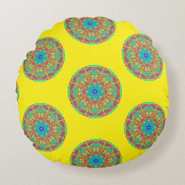 Yellow Blue Mandala Boho Reversible Round Pillow (Front)