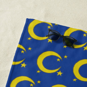 Yellow Blue Night Sky Crescent Moon Stars Beach Towel
