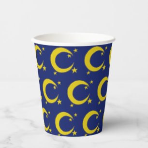 Yellow Blue Night Sky Crescent Moon Stars Evening Paper Cups