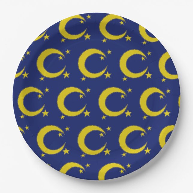 Yellow Blue Night Sky Crescent Moon Stars Evening Paper Plate (Front)