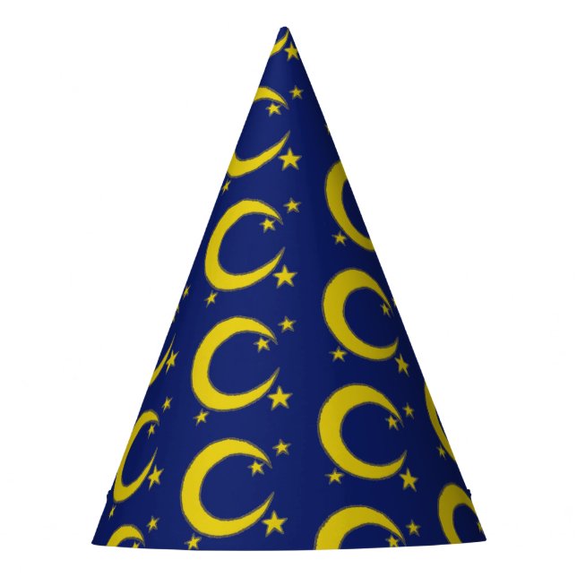 Yellow Blue Night Sky Crescent Moon Stars Evening Party Hat (Front)