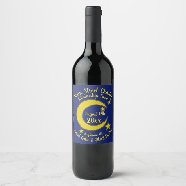 Yellow Blue Night Sky Crescent Moon Stars Evening Wine Label (Front)