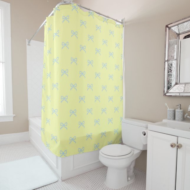 Yellow Blue Pastel Bow Pattern Pretty Feminine Shower Curtain (In Situ)