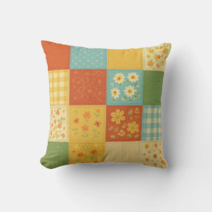 Yellow Blue Patchwork Quilt Rustic Farmhouse  Cushion