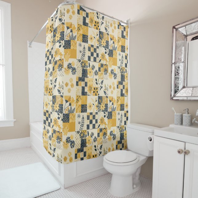 Yellow Blue Patchwork Quilt Rustic Floral Retro  Shower Curtain (In Situ)