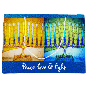 Yellow Blue Peace Love Light Hanukkah Menorahs Large Gift Bag
