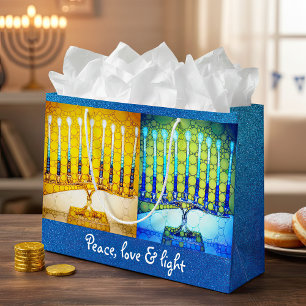 Yellow Blue Peace Love Light Hanukkah Menorahs Large Gift Bag