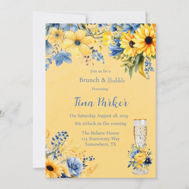 Yellow Blue Peony Watercolor Brunch and Bubbly Invitation (Front)