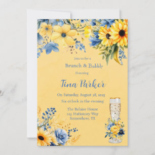Yellow Blue Peony Watercolor Brunch and Bubbly Invitation