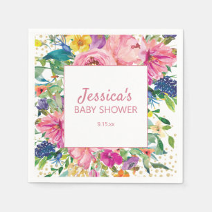 Yellow Blue Pink Baby Shower Gold Glitter White Napkin