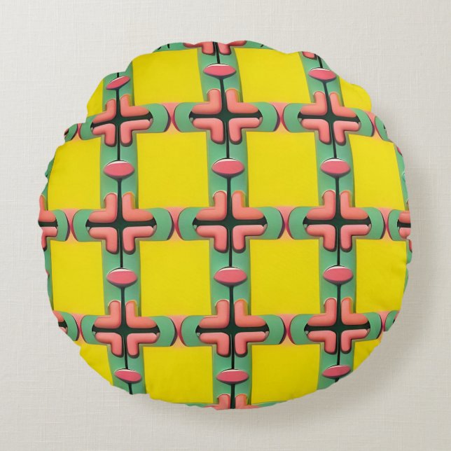 Yellow Blue Pink Geometric Plaid Pattern Round Cushion (Front)