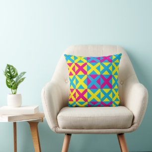 Yellow Blue Pink Square Geometric Pattern Cushion