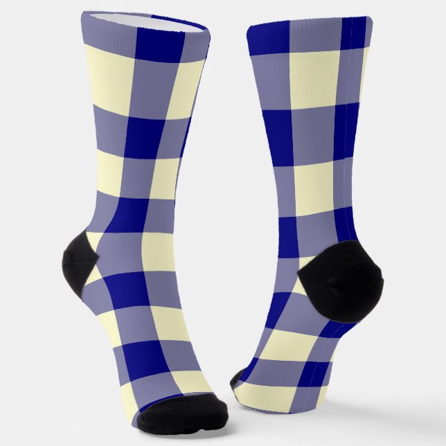 Yellow Blue Plaid Chequered Pattern Socks (Angled)